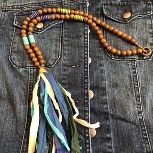 Wood and Blue/Green Silk Tassel Necklace